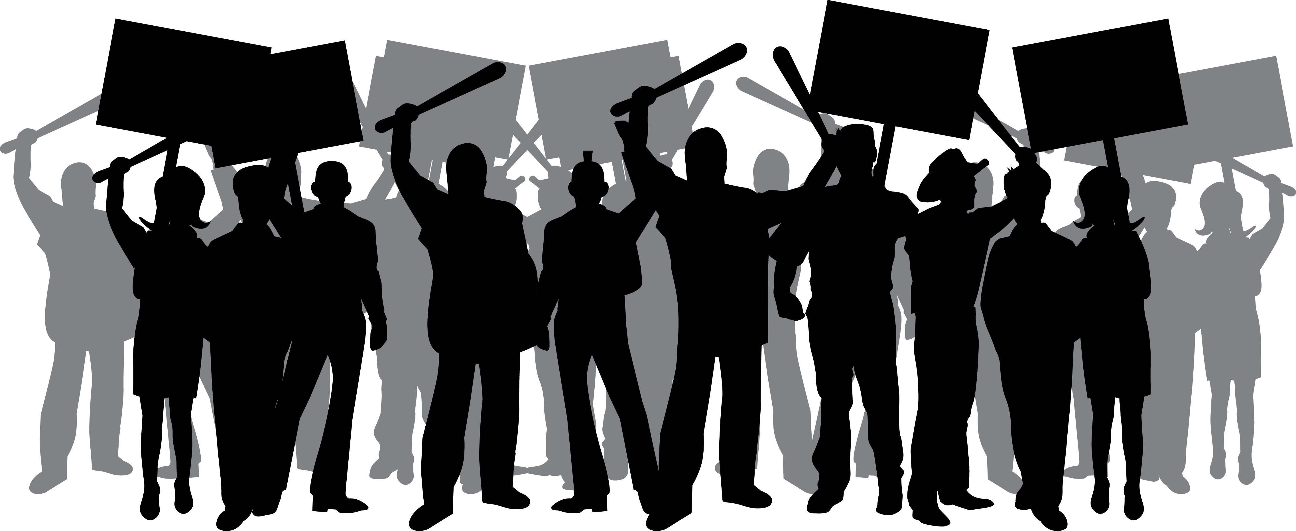 Silhouette of protesters with placards